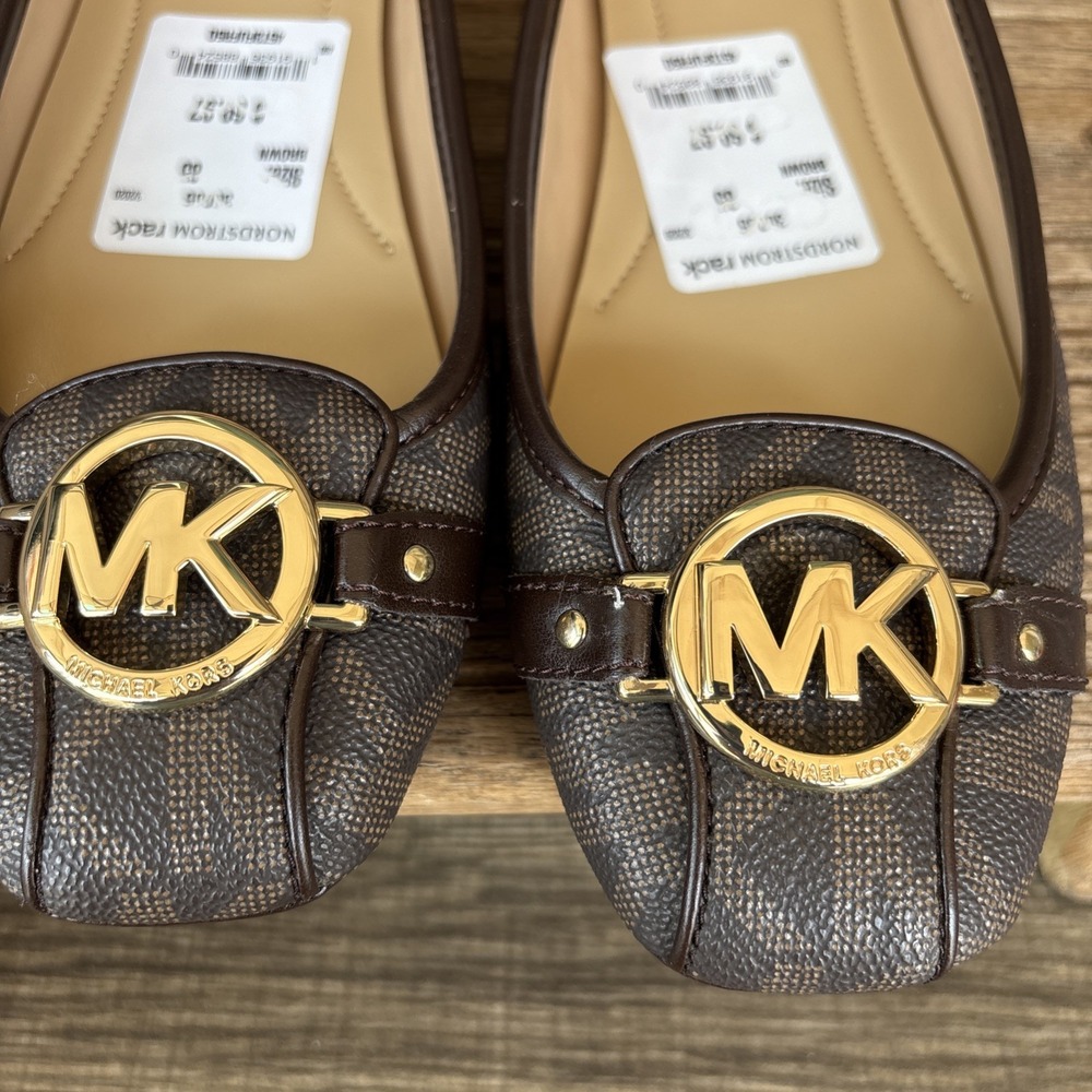 Michael Kors Fulton MK Logo Moccasins Brown Size 8.5 Gold Hardware Flats - Picture 12 of 12